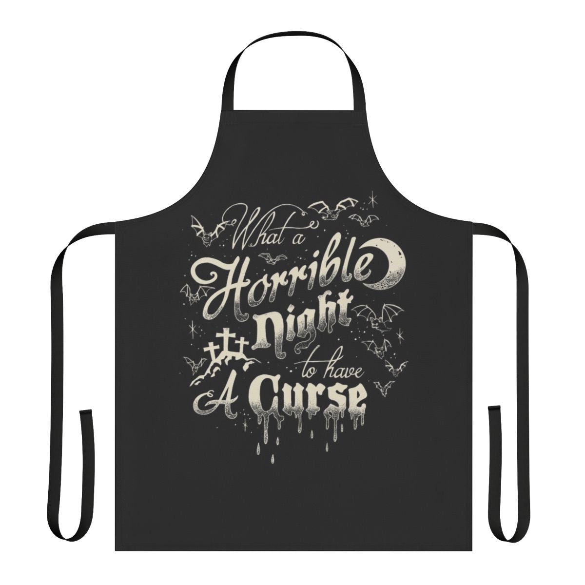 A dark, horror-inspired apron featuring Dracula and bats in a retro gaming style