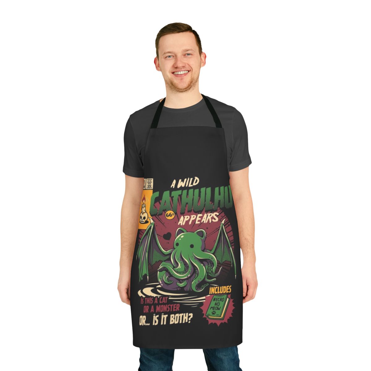 A spooky horror-themed apron featuring the iconic Cthulhu from H.P. Lovecraft's cult classic stories