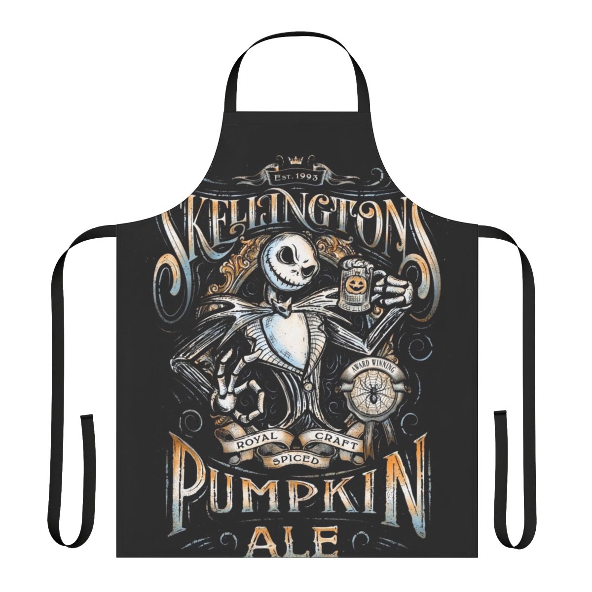 A vintage-style apron featuring the iconic Jack Skellington character from The Nightmare Before Christmas, perfect for Halloween and pumpkin ale enthusiasts.