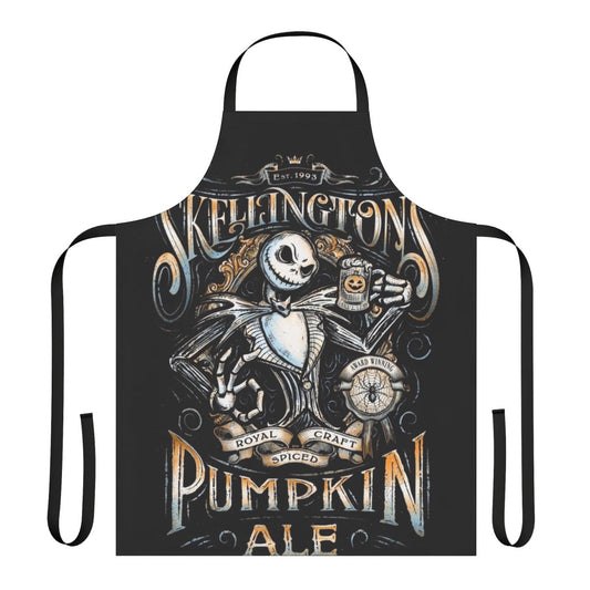 A vintage-style apron featuring the iconic Jack Skellington character from The Nightmare Before Christmas, perfect for Halloween and pumpkin ale enthusiasts.