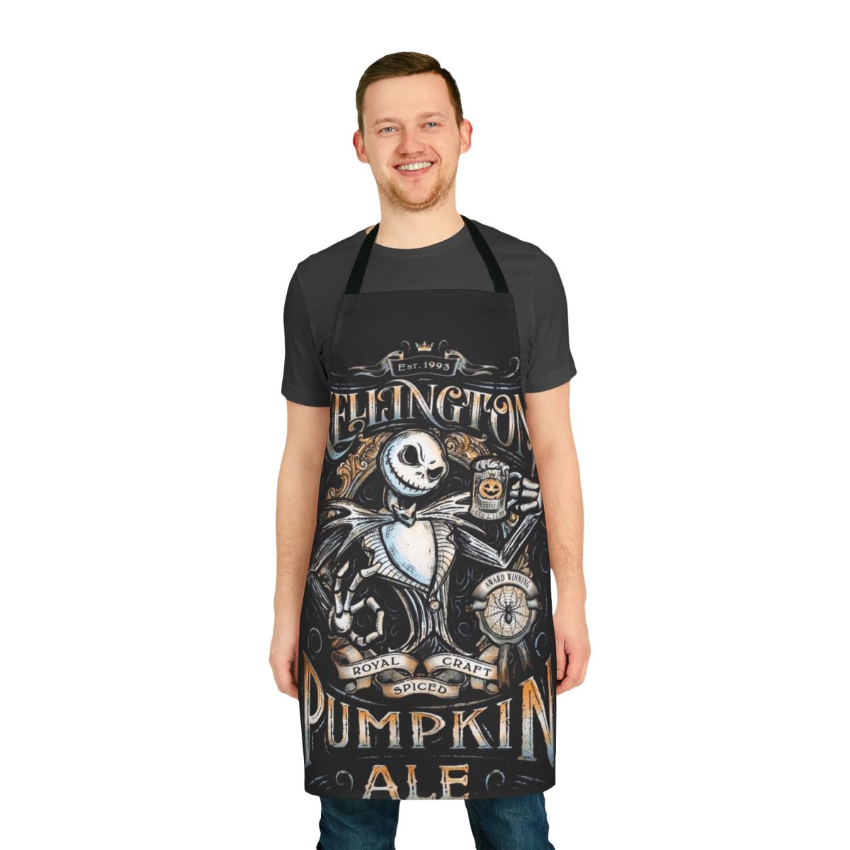 A vintage-style apron featuring the iconic Jack Skellington character from The Nightmare Before Christmas, perfect for Halloween and pumpkin ale enthusiasts.