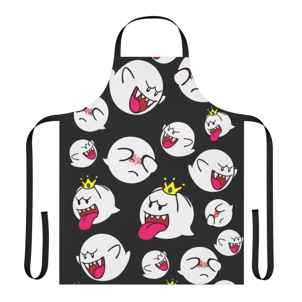 A white apron with a ghostly King Boo design, perfect for video game fans in the kitchen.