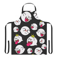 A white apron with a ghostly King Boo design, perfect for video game fans in the kitchen.