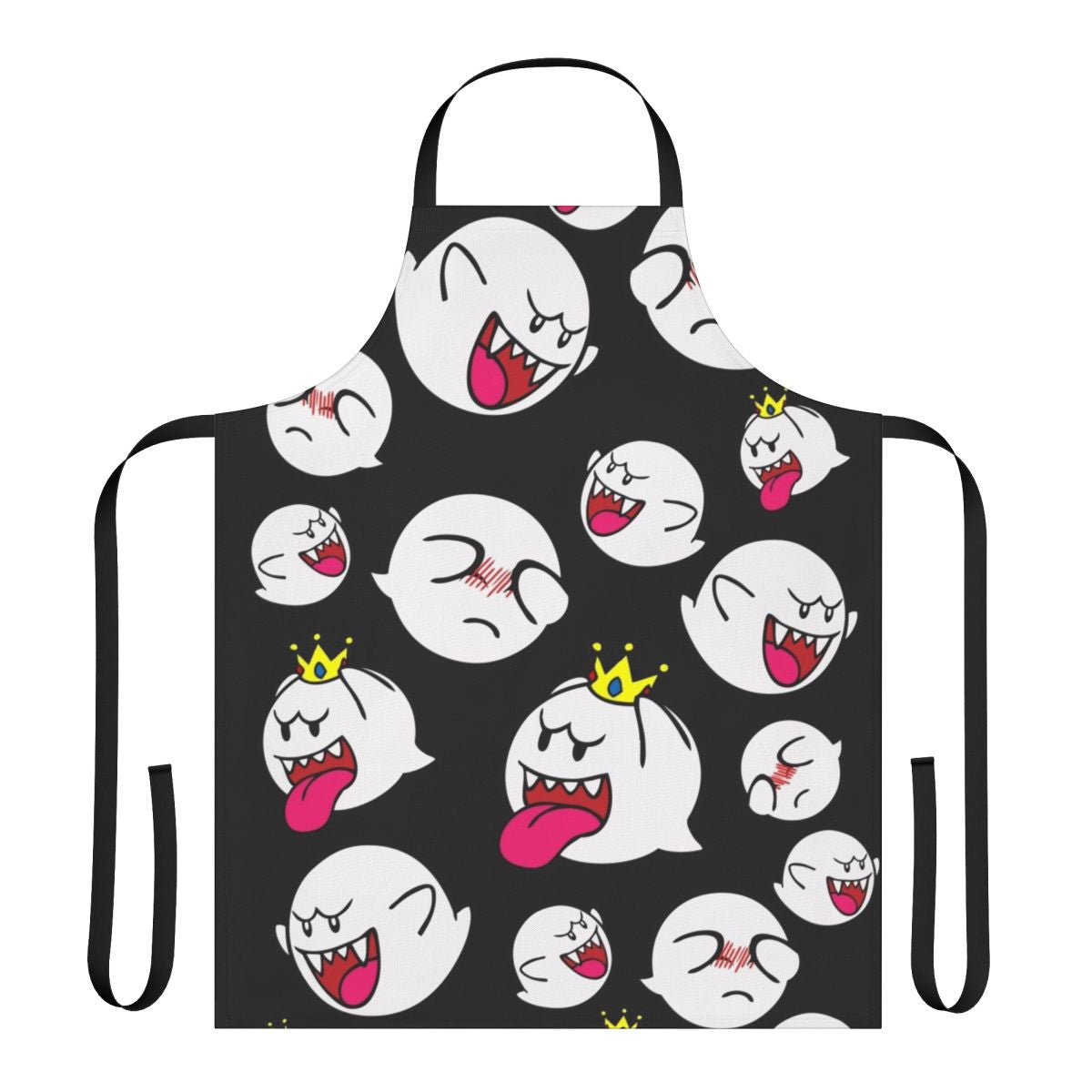 A white apron with a ghostly King Boo design, perfect for video game fans in the kitchen.