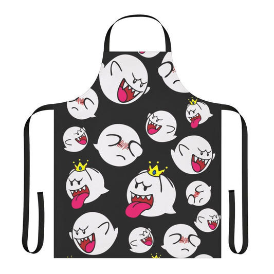 A white apron with a ghostly King Boo design, perfect for video game fans in the kitchen.