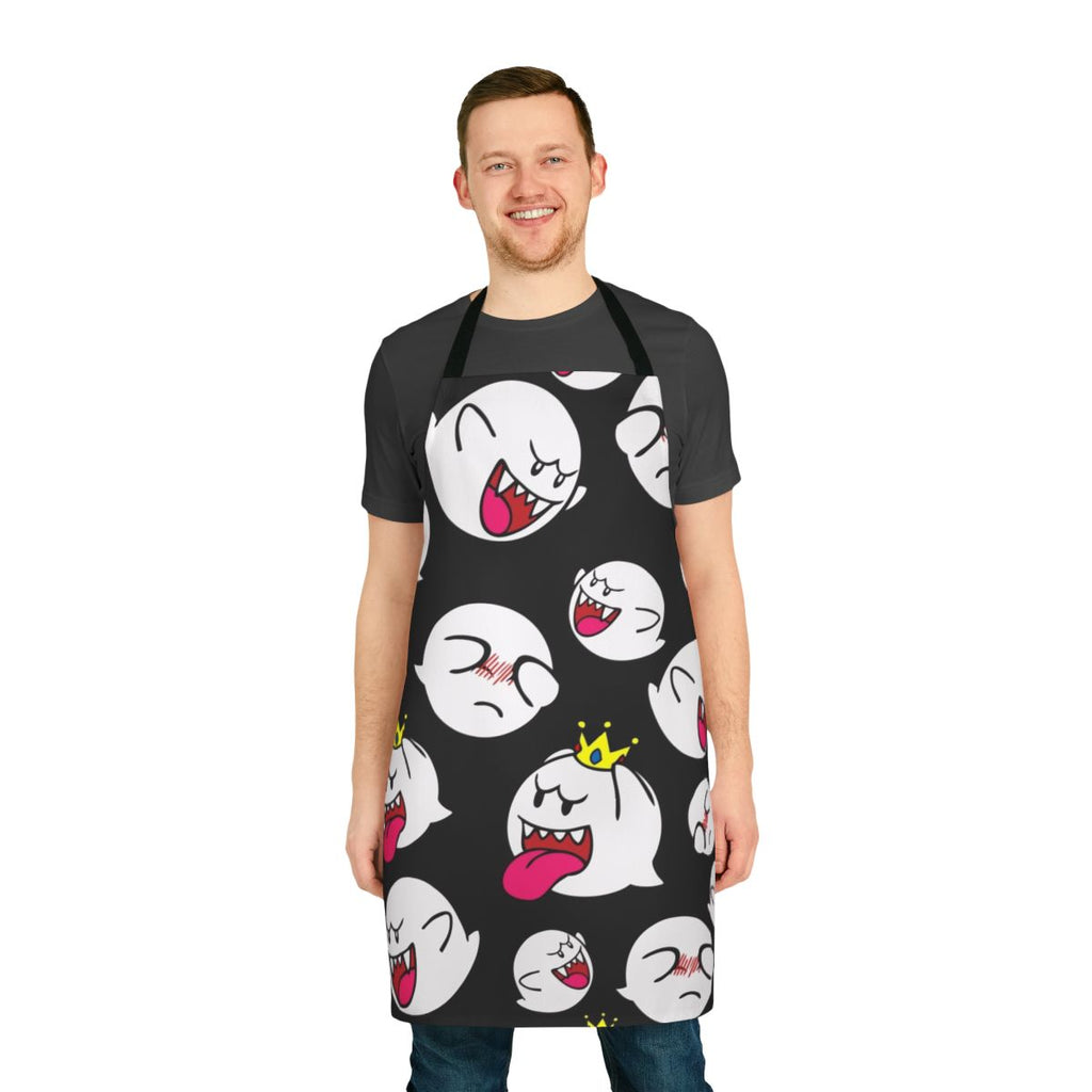 A white apron with a ghostly King Boo design, perfect for video game fans in the kitchen.