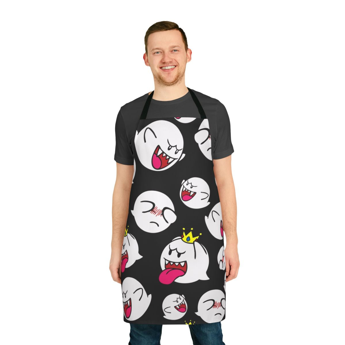 A white apron with a ghostly King Boo design, perfect for video game fans in the kitchen.