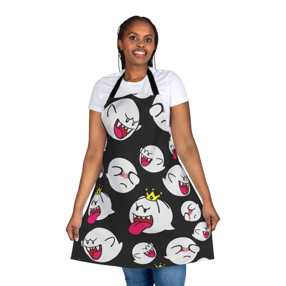 A white apron with a ghostly King Boo design, perfect for video game fans in the kitchen.