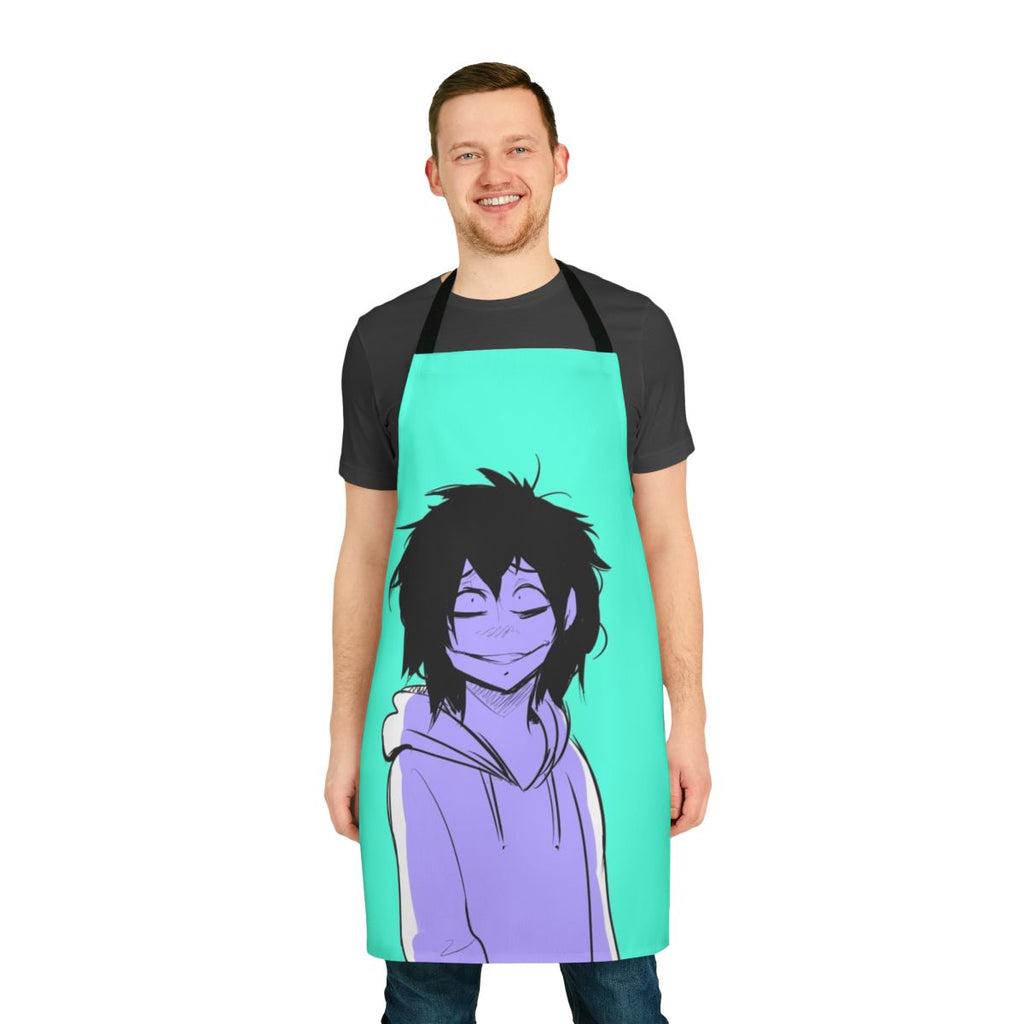 A black and white apron with the "Jeff the Killer" character design, a famous creepypasta horror figure.