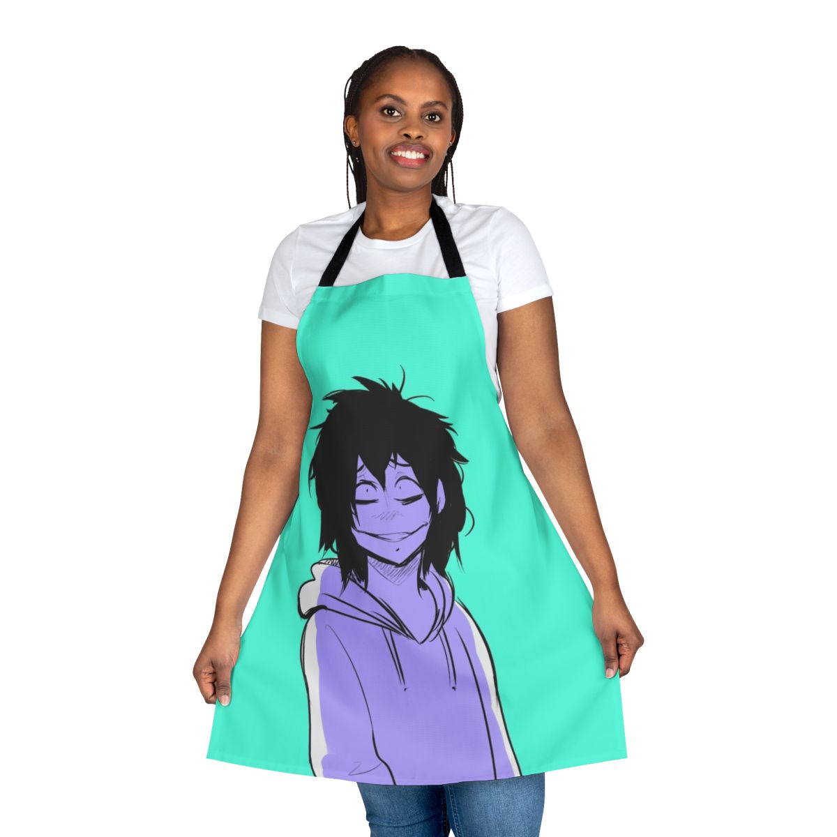 A black and white apron with the "Jeff the Killer" character design, a famous creepypasta horror figure.