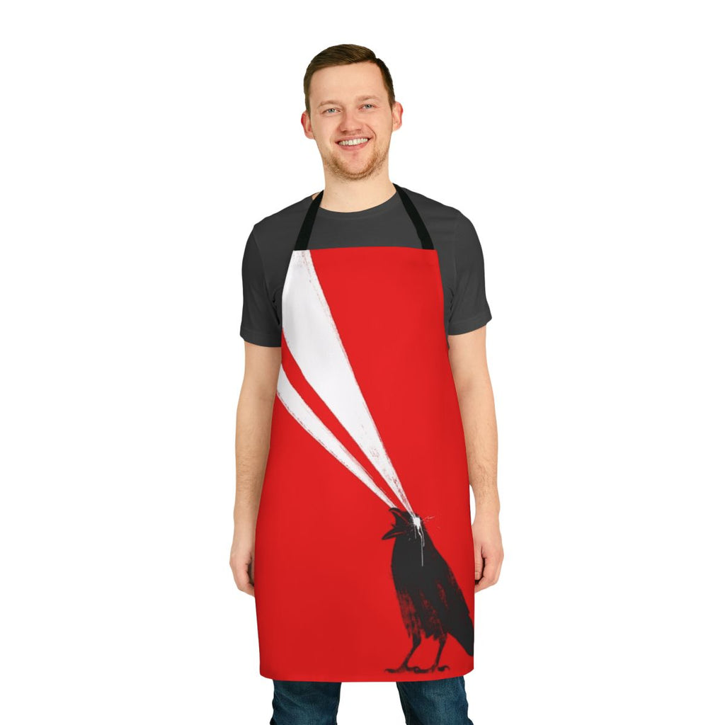 Stylish apron featuring a laser-etched crow silhouette design in a retro, horror-inspired aesthetic.