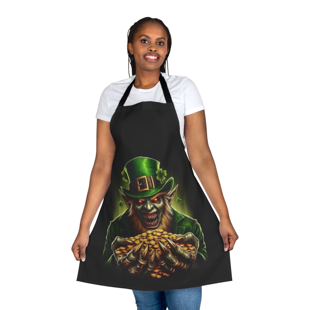 Spooky Leprechaun Luck of the Irish Apron featuring a zombie leprechaun design