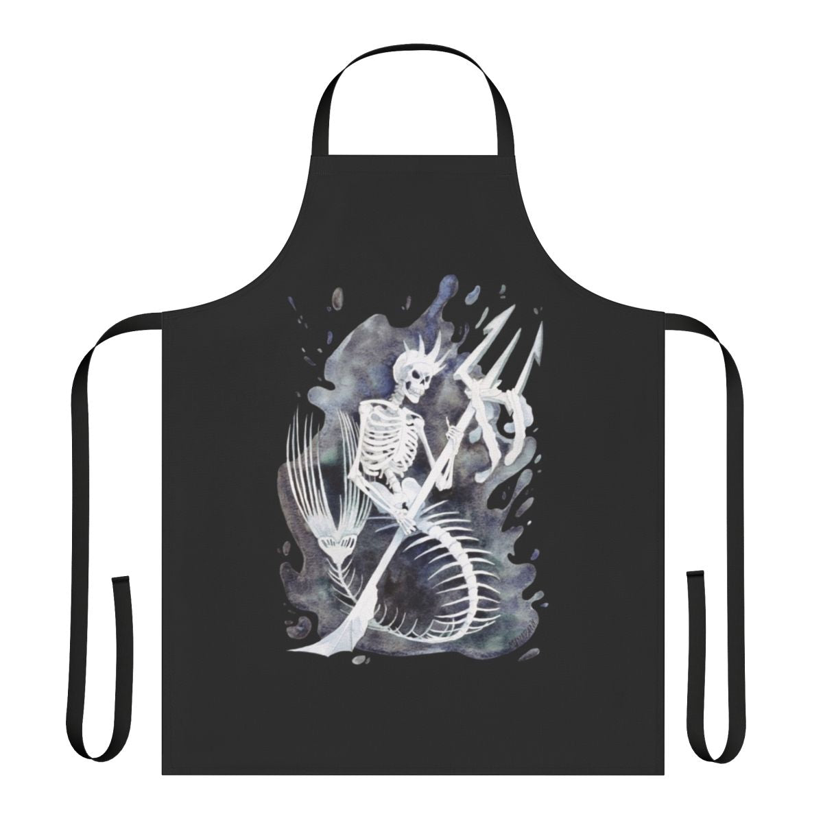 A black apron featuring a detailed mermaid skeleton design, perfect for Halloween or gothic-inspired cooking and crafting.