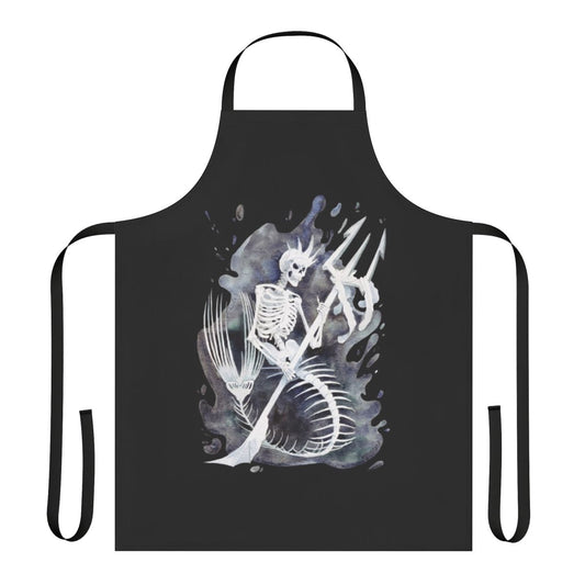 A black apron featuring a detailed mermaid skeleton design, perfect for Halloween or gothic-inspired cooking and crafting.