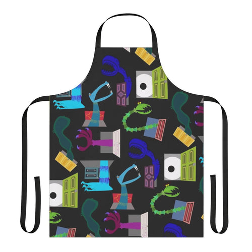 "Apron featuring characters from the Monsters Inc. movie, including Sully and Mike Wazowski"
