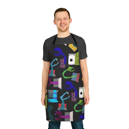 "Apron featuring characters from the Monsters Inc. movie, including Sully and Mike Wazowski"