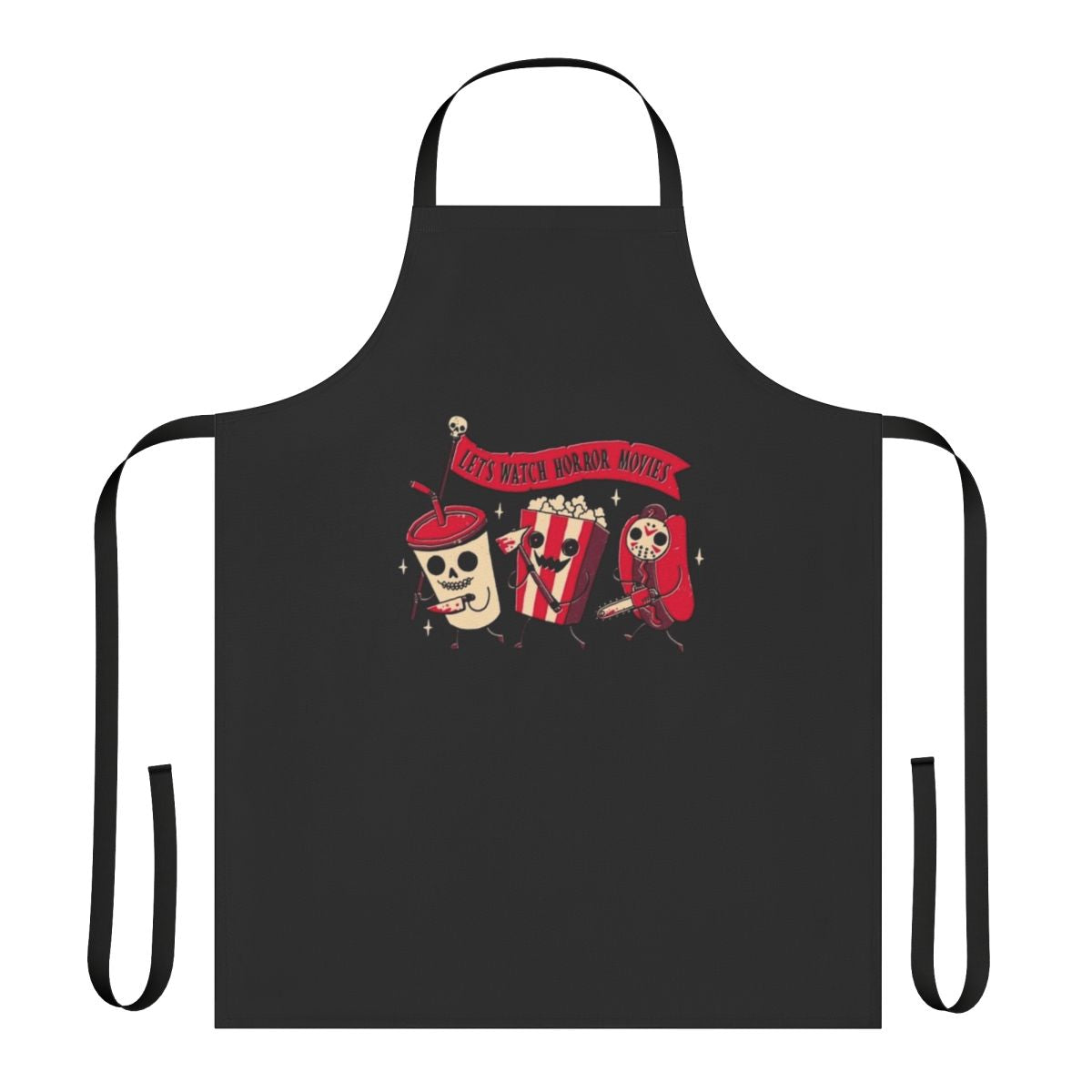 Spooky movie night apron featuring a vintage horror film design