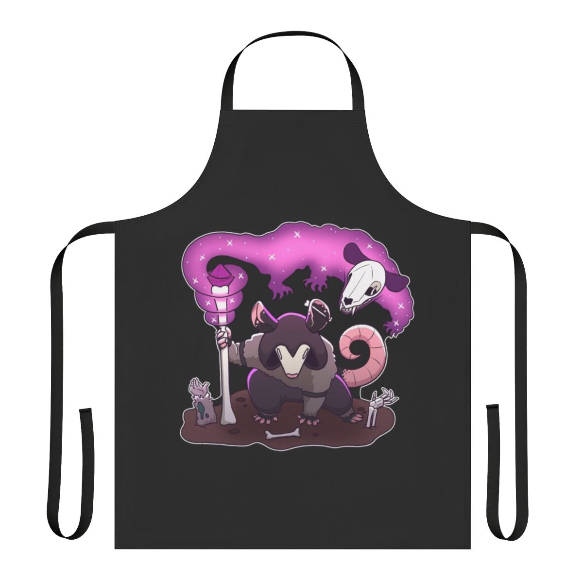 Apron featuring a necromancer opossum design with skulls and bones in dark, gothic colors