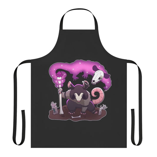 Apron featuring a necromancer opossum design with skulls and bones in dark, gothic colors
