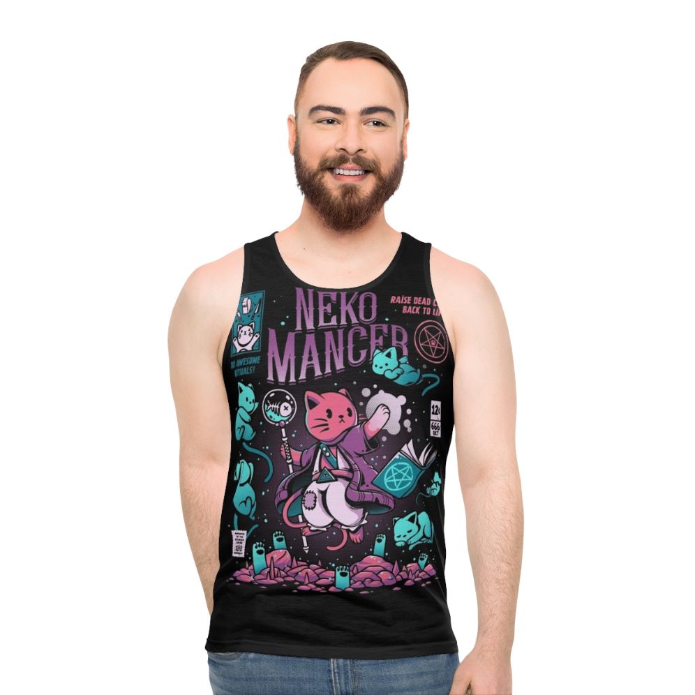 Spooky Nekomancer unisex tank top featuring cat magic and mystical necromancer design
