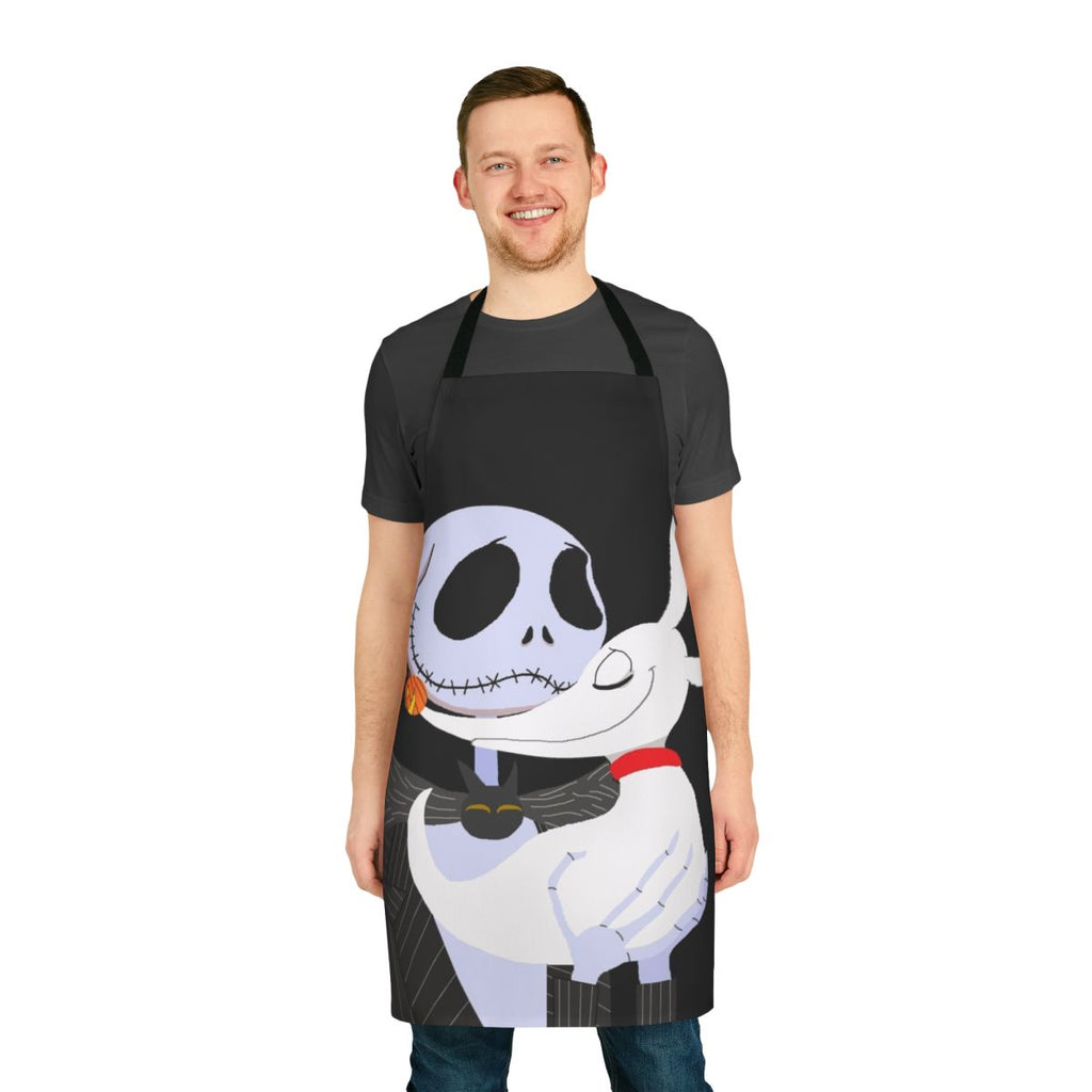 A black apron featuring Jack Skellington and his ghost dog Zero from The Nightmare Before Christmas.