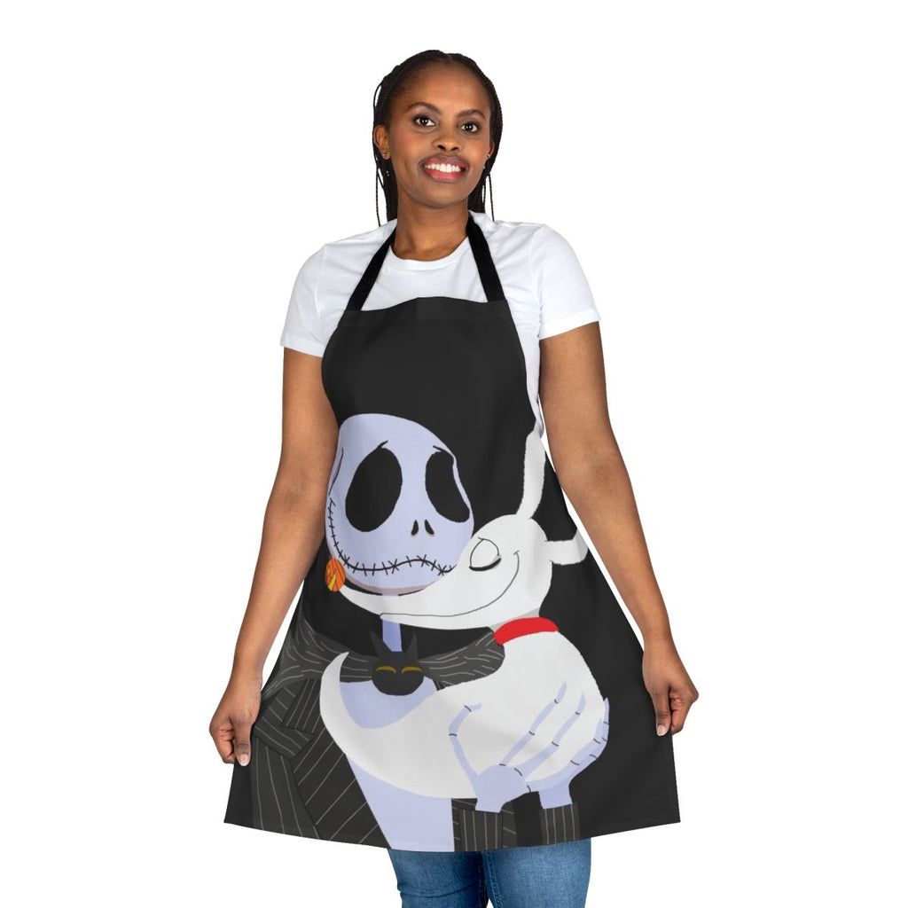 A black apron featuring Jack Skellington and his ghost dog Zero from The Nightmare Before Christmas.