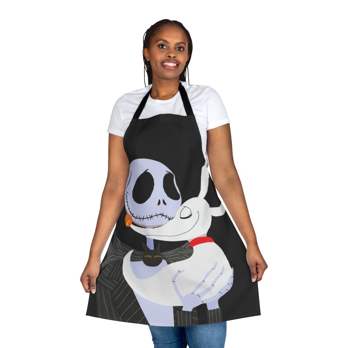 A black apron featuring Jack Skellington and his ghost dog Zero from The Nightmare Before Christmas.