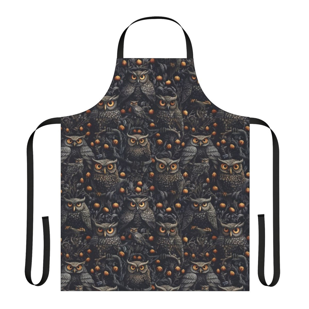 Spooky apron featuring a vibrant design of owls, witches, and feathers in shades of gray