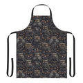 Spooky apron featuring a vibrant design of owls, witches, and feathers in shades of gray
