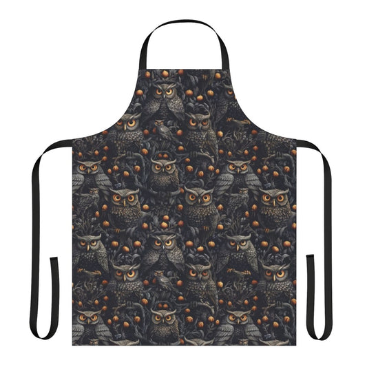 Spooky apron featuring a vibrant design of owls, witches, and feathers in shades of gray