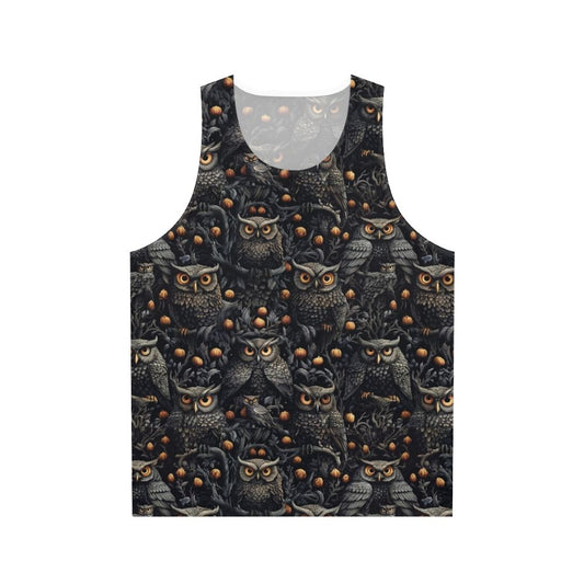 Unisex Halloween tank top with spooky owl and witch design