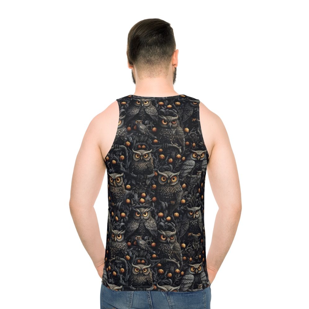 Unisex Halloween tank top with spooky owl and witch design