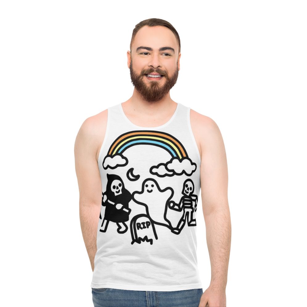 Spooky Pals Unisex Tank Top with Skull, Ghost and Skeleton Design