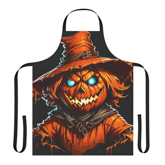 Pumpkin scarecrow design on an apron, perfect for fall and Halloween festivities.