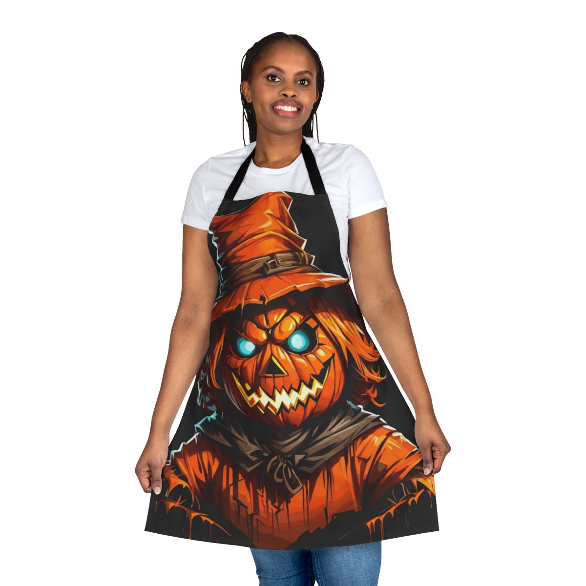 Pumpkin scarecrow design on an apron, perfect for fall and Halloween festivities.