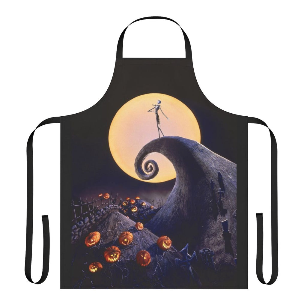 A black apron with a pumpkin skull design, inspired by the classic Tim Burton film The Nightmare Before Christmas.