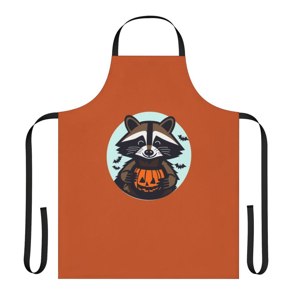 A cartoon raccoon apron with pumpkins, bats, and a jack o' lantern design, perfect for Halloween and fall festivities.