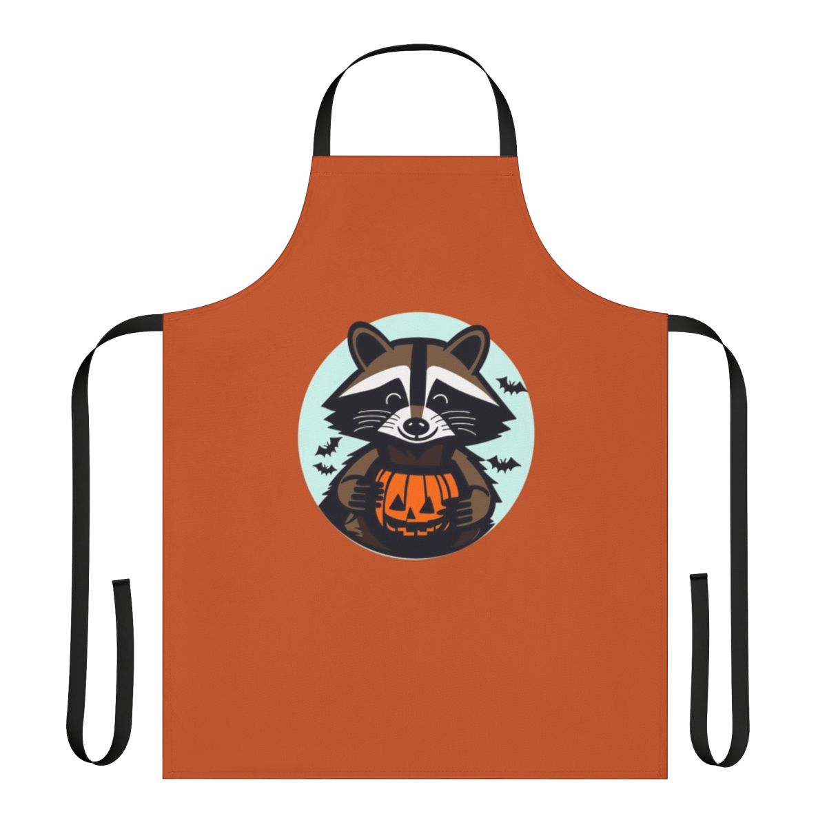 A cartoon raccoon apron with pumpkins, bats, and a jack o' lantern design, perfect for Halloween and fall festivities.