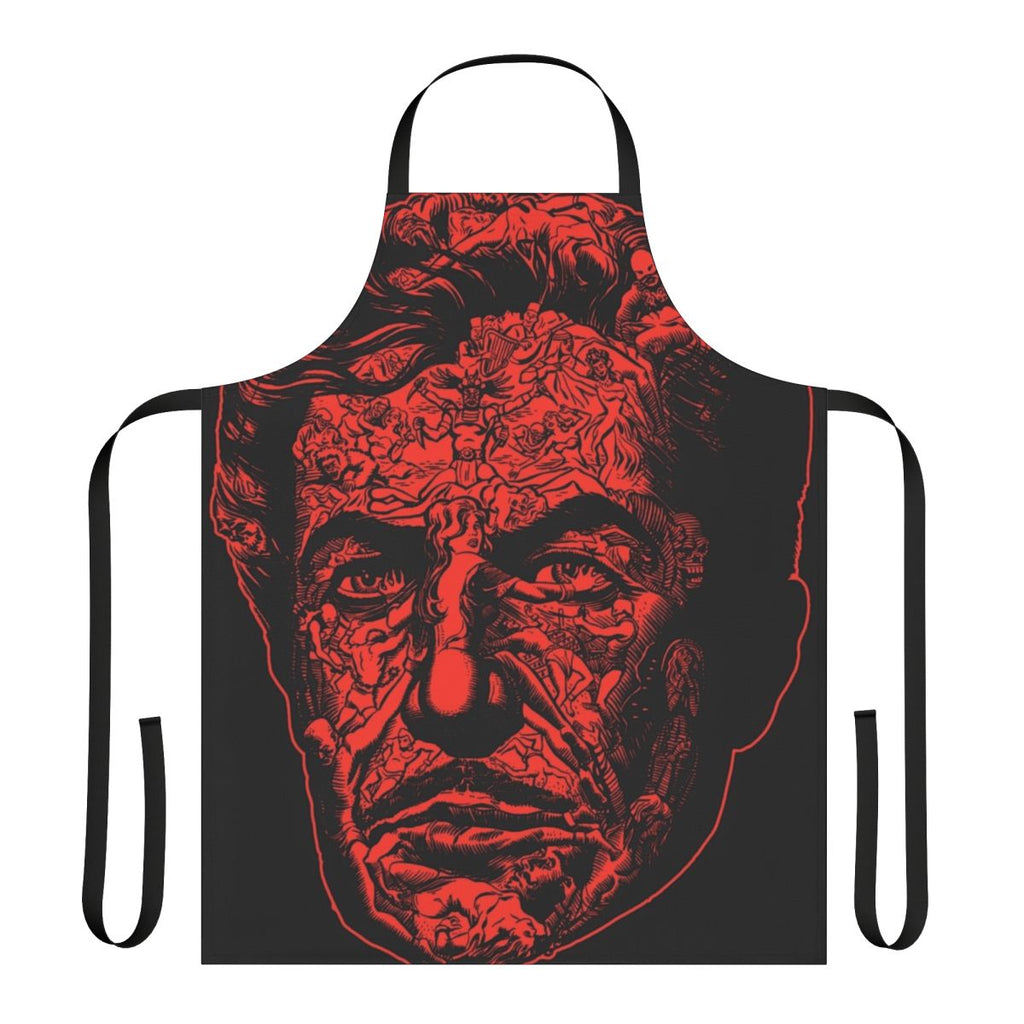Red death-themed apron with a spooky, gothic design
