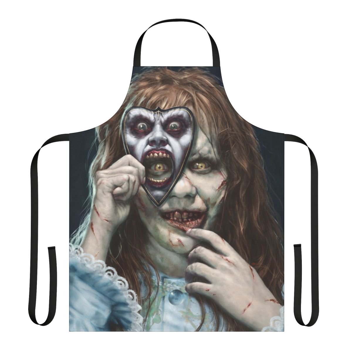 Regan-inspired horror apron with Exorcist-themed design for fans of supernatural and demonic-themed movies and cooking.