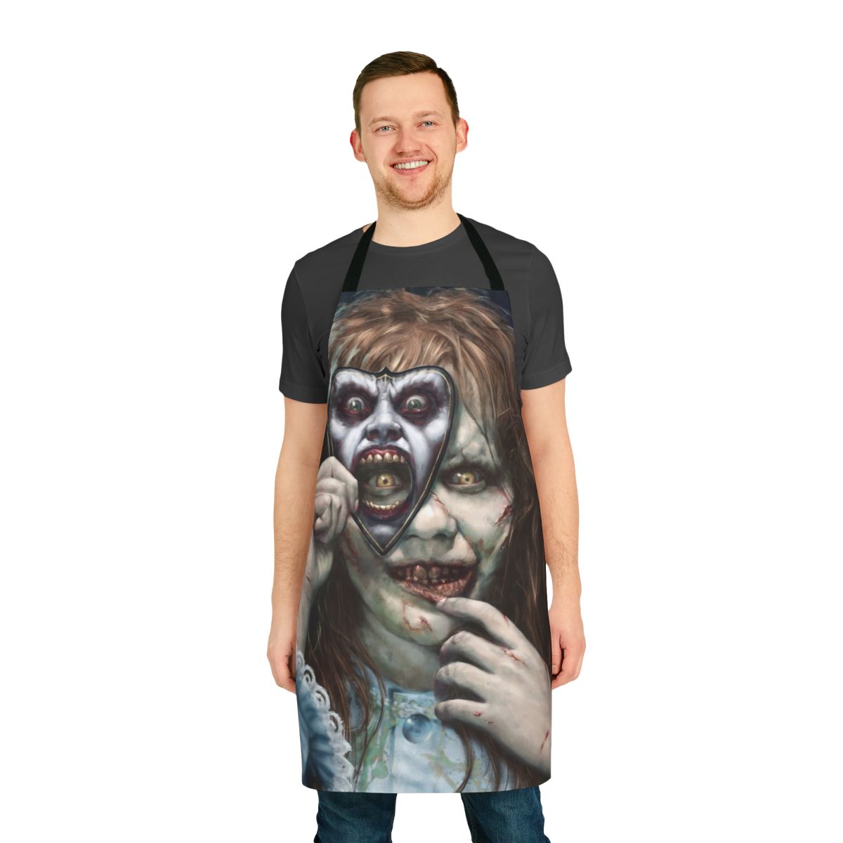 Regan-inspired horror apron with Exorcist-themed design for fans of supernatural and demonic-themed movies and cooking.