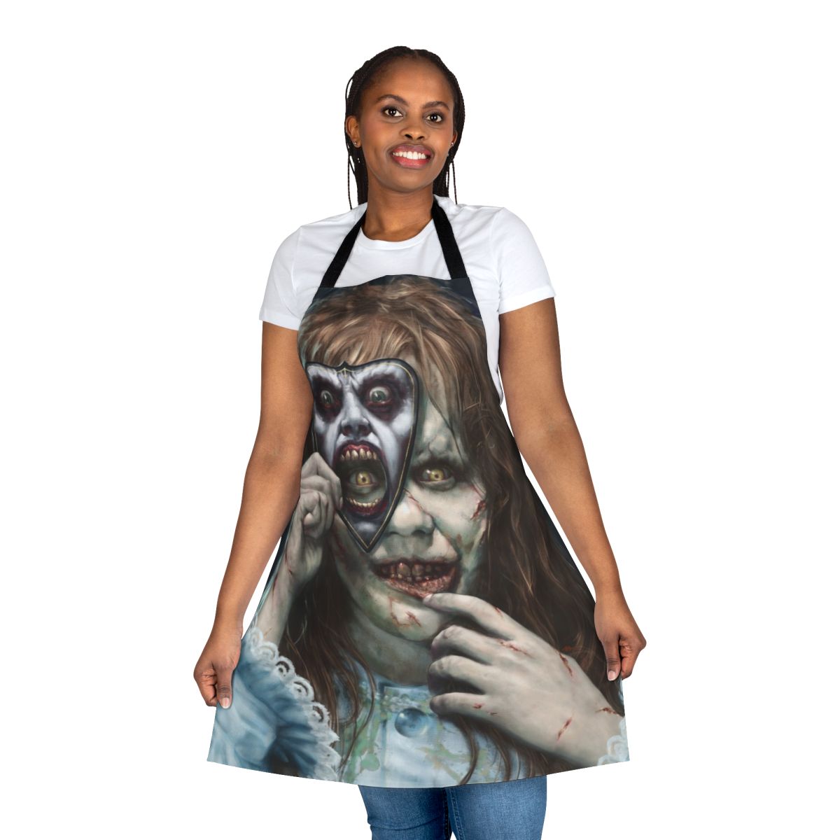 Regan-inspired horror apron with Exorcist-themed design for fans of supernatural and demonic-themed movies and cooking.
