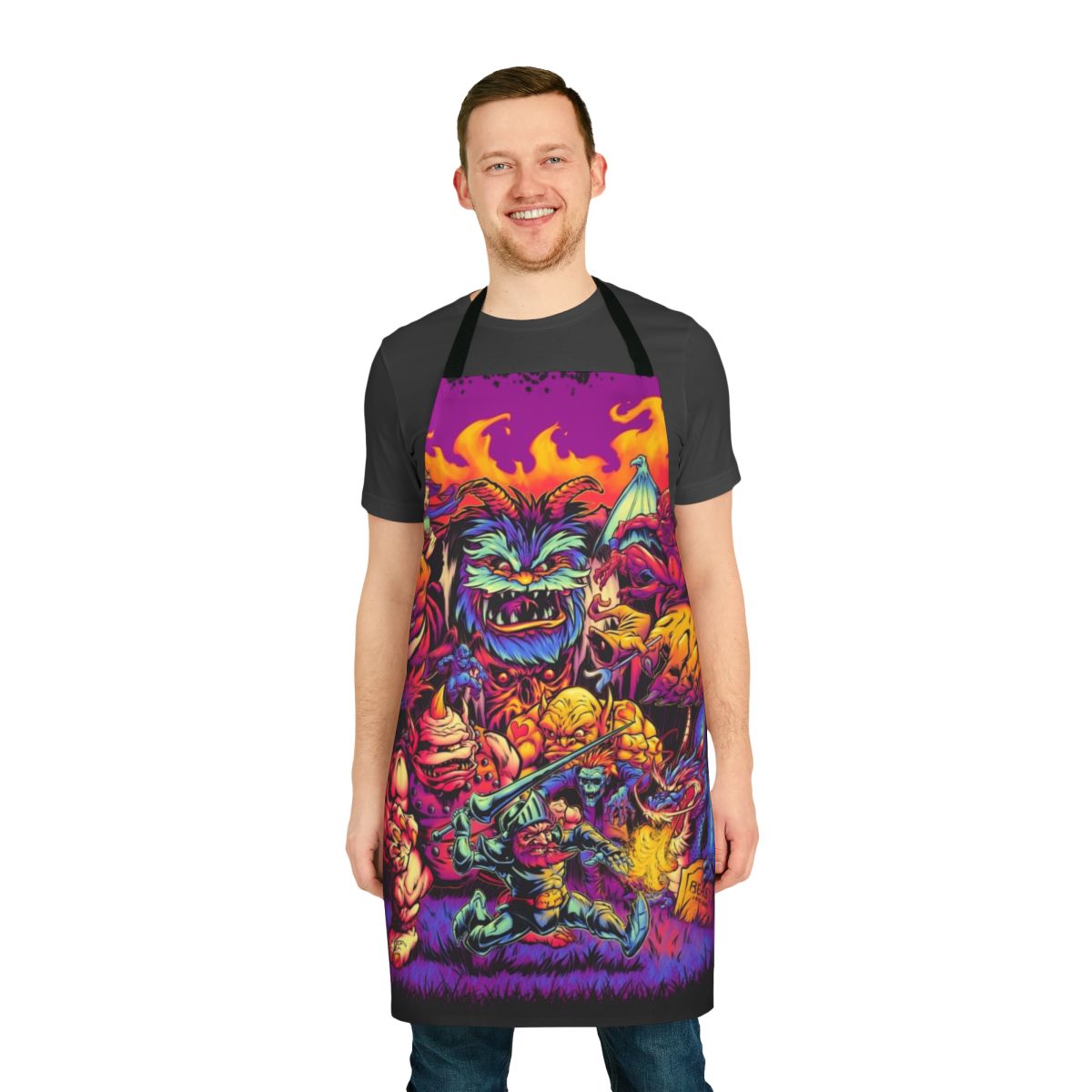 Spooky retro gaming-inspired apron featuring Ghosts 'n Goblins characters