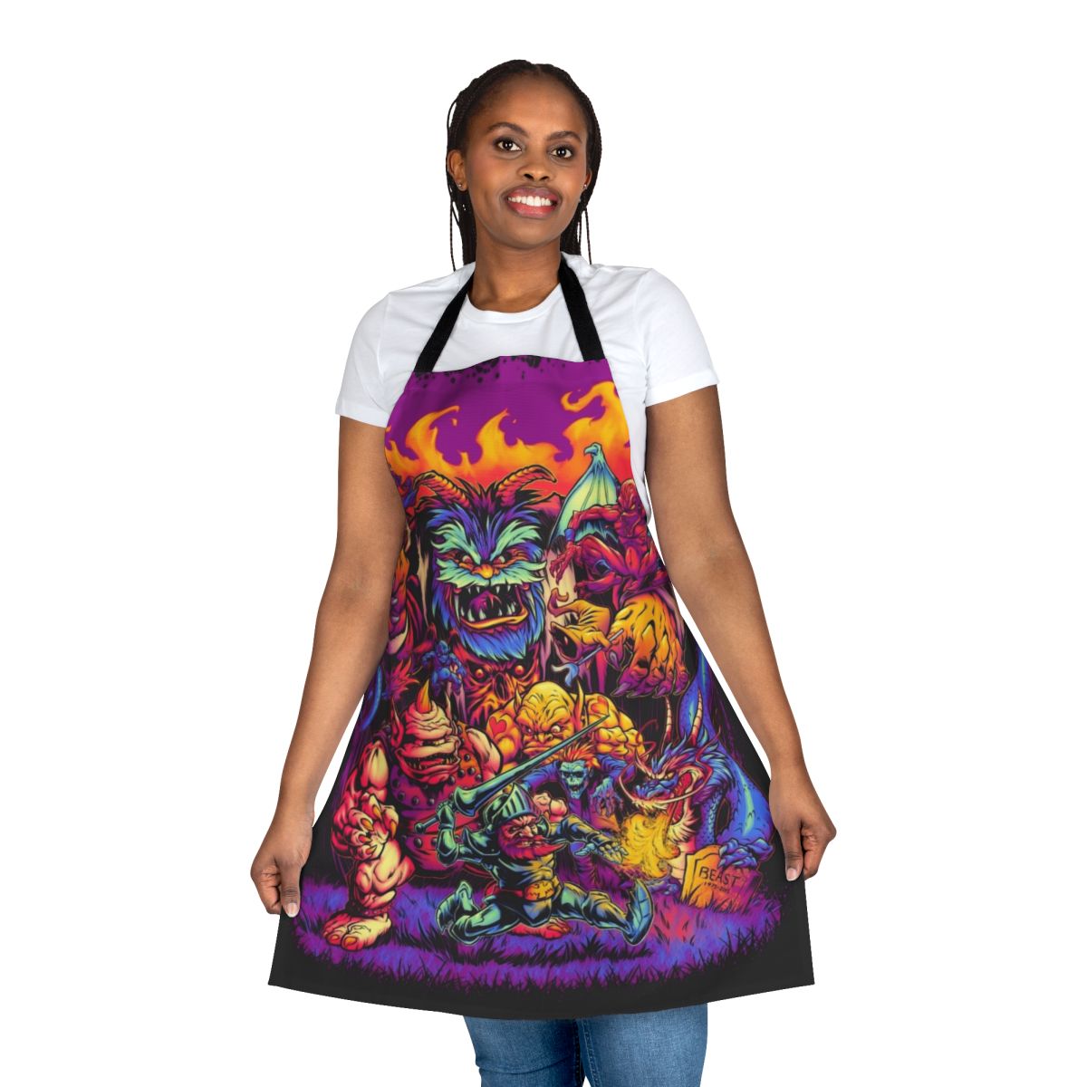 Spooky retro gaming-inspired apron featuring Ghosts 'n Goblins characters
