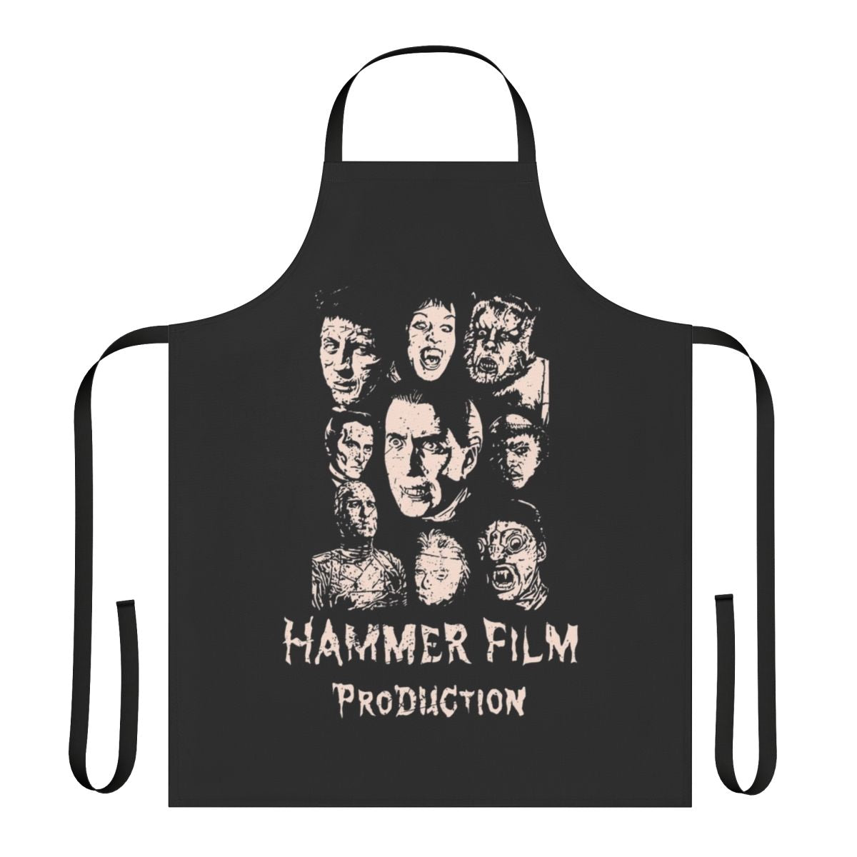 Vintage-style horror movie themed apron with creepy and spooky designs
