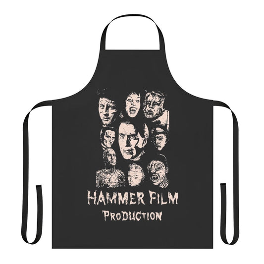 Vintage-style horror movie themed apron with creepy and spooky designs