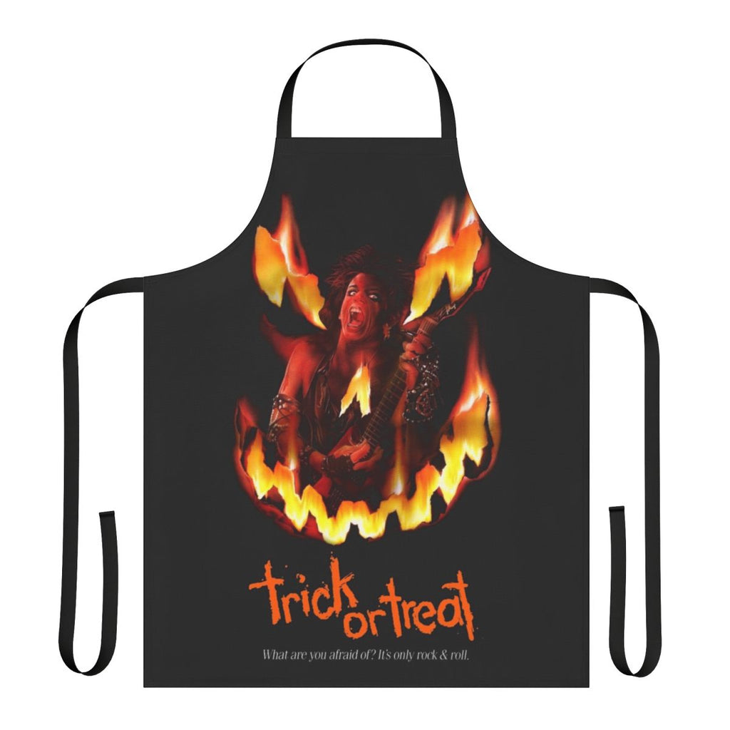 Spooky retro rock n roll themed Halloween apron with horror movie and music references