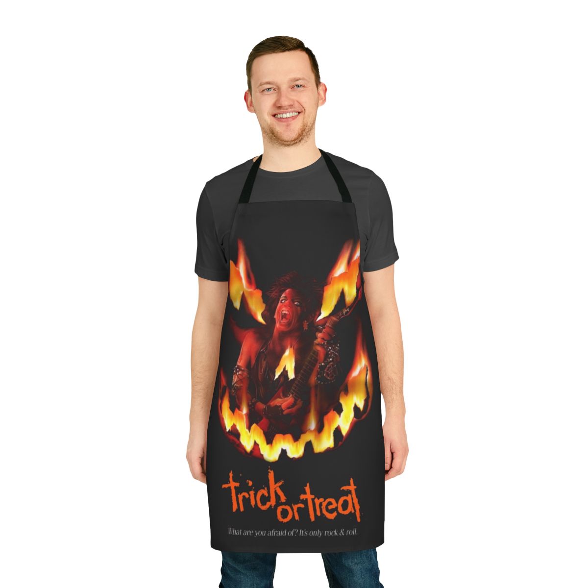 Spooky retro rock n roll themed Halloween apron with horror movie and music references
