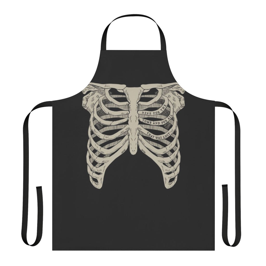 A black apron featuring a ribcage design, inspired by the Locked Tomb sci-fi fantasy series.