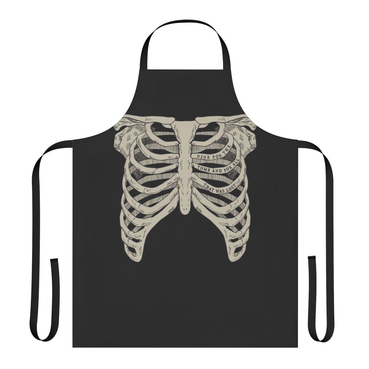 A black apron featuring a ribcage design, inspired by the Locked Tomb sci-fi fantasy series.